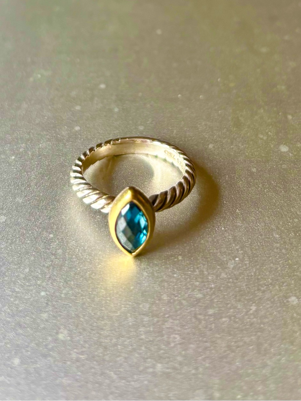 Authentic David Yurman Silver Cable Ring with teal Marquise Stone.